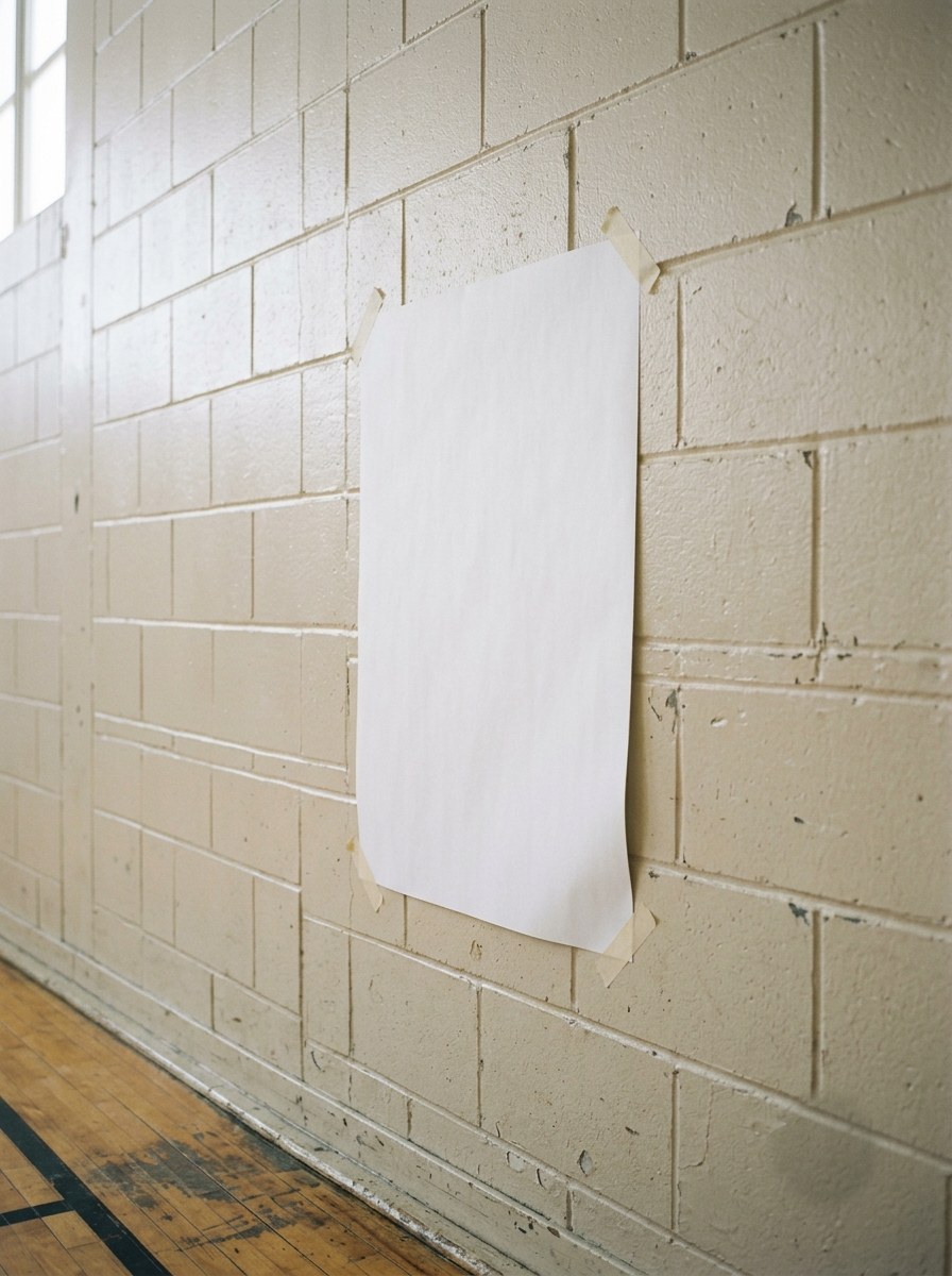 Une feuille imprimée fixée au ruban adhésif sur un mur de blocs de béton peint, dans un corridor de gymnase d'école.