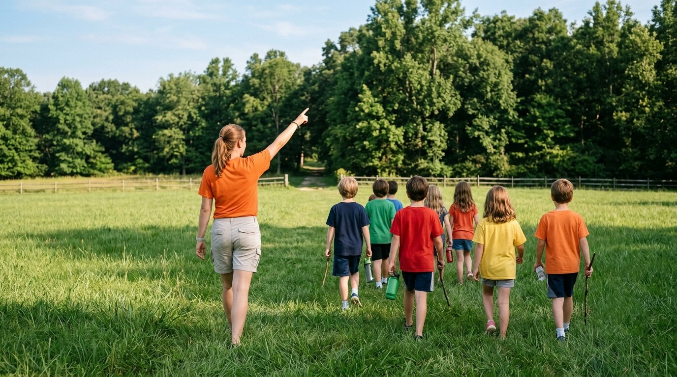 Dans un champ bordé d'arbres, un animateur de camp marche d'un bon pas en pointant une direction ; derrière lui, une dizaine d'enfants vus de dos avancent en file dans le même sens.