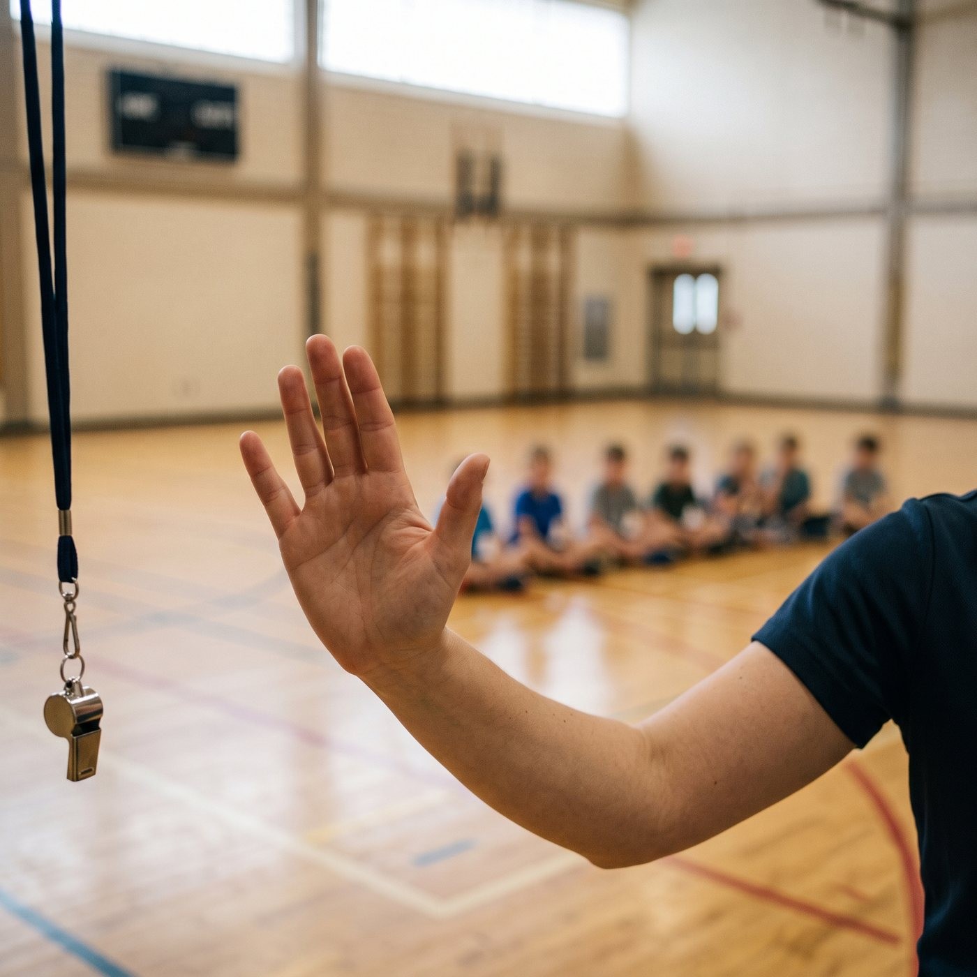 Gros plan sur la main levée d'un adulte, paume ouverte vers l'avant en signe d'arrêt, un sifflet au cordon visible en bord de cadre ; gymnase flou en arrière-plan.