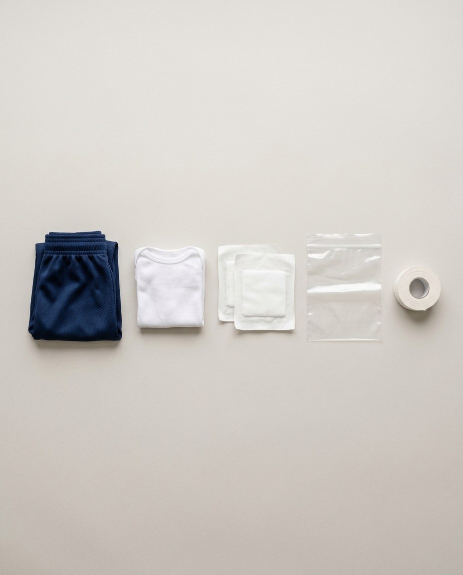Vue du dessus, posés sur une surface claire : un short d'enfant plié, un sous-vêtement blanc plié, deux compresses de gaze stériles emballées, un sac de plastique refermable et un rouleau de ruban adhésif sportif blanc.