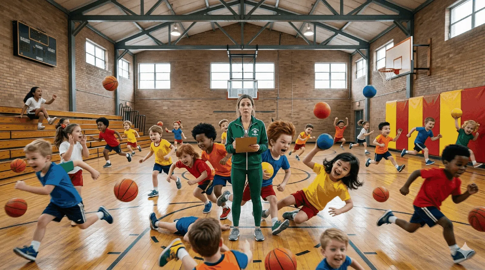 Transition chaotique entre deux activités dans un gymnase d'école primaire.