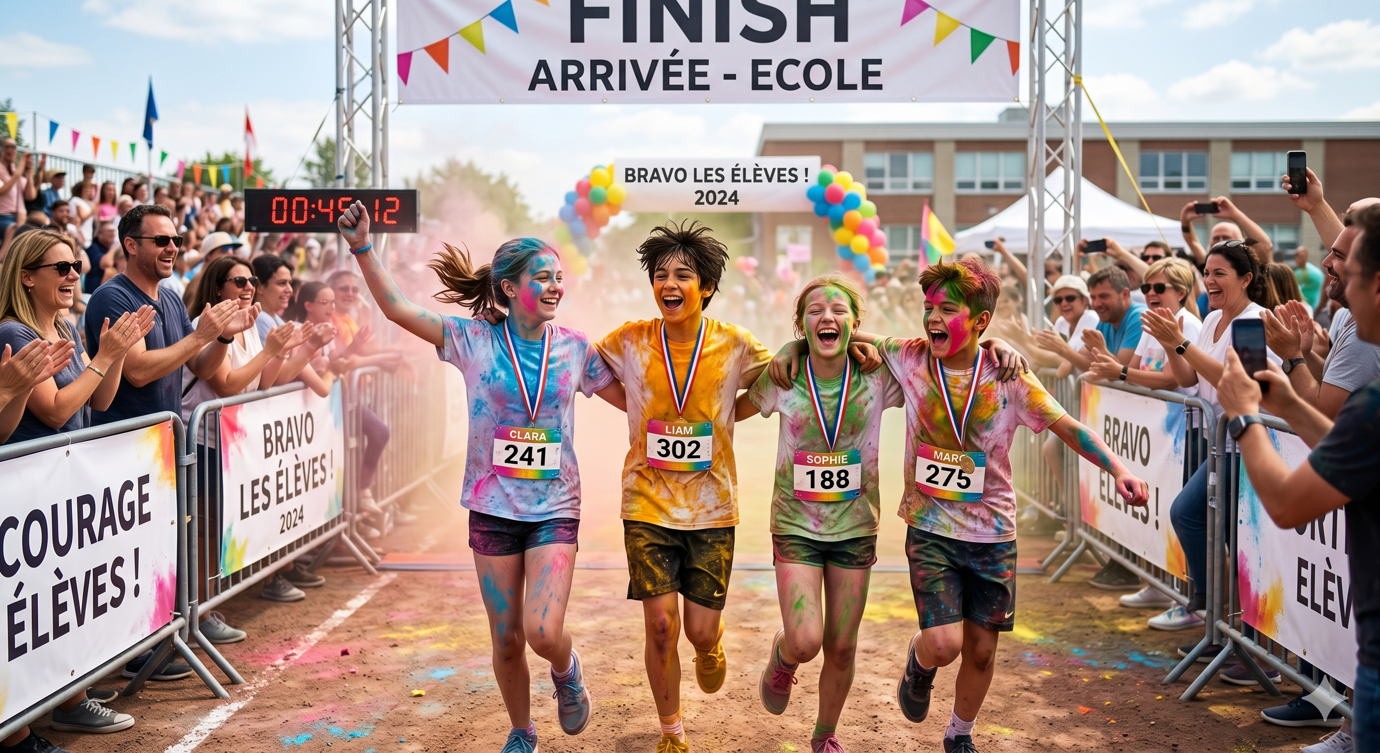 Élèves franchissant l'arrivée d'une Color Run