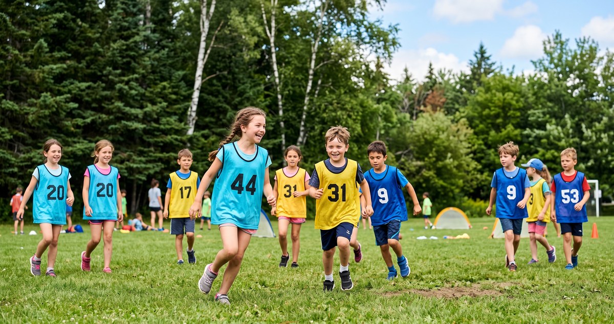 Groupe d'enfants qui rient en plein jeu au camp de jour