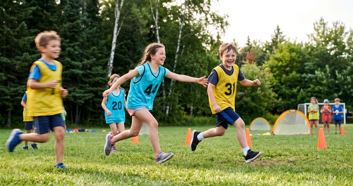 Enfants en dossards qui courent dans un jeu de poursuite