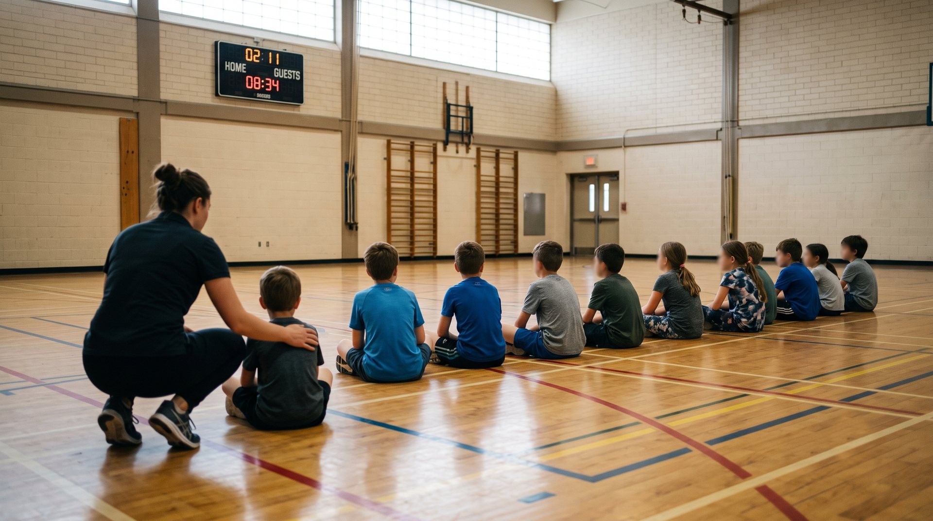 Une rangée d'enfants assis en tailleur au sol dans un gymnase, vus de dos, face au mur du fond ; en arrière-plan flou, un adulte s'agenouille près de l'un d'eux.