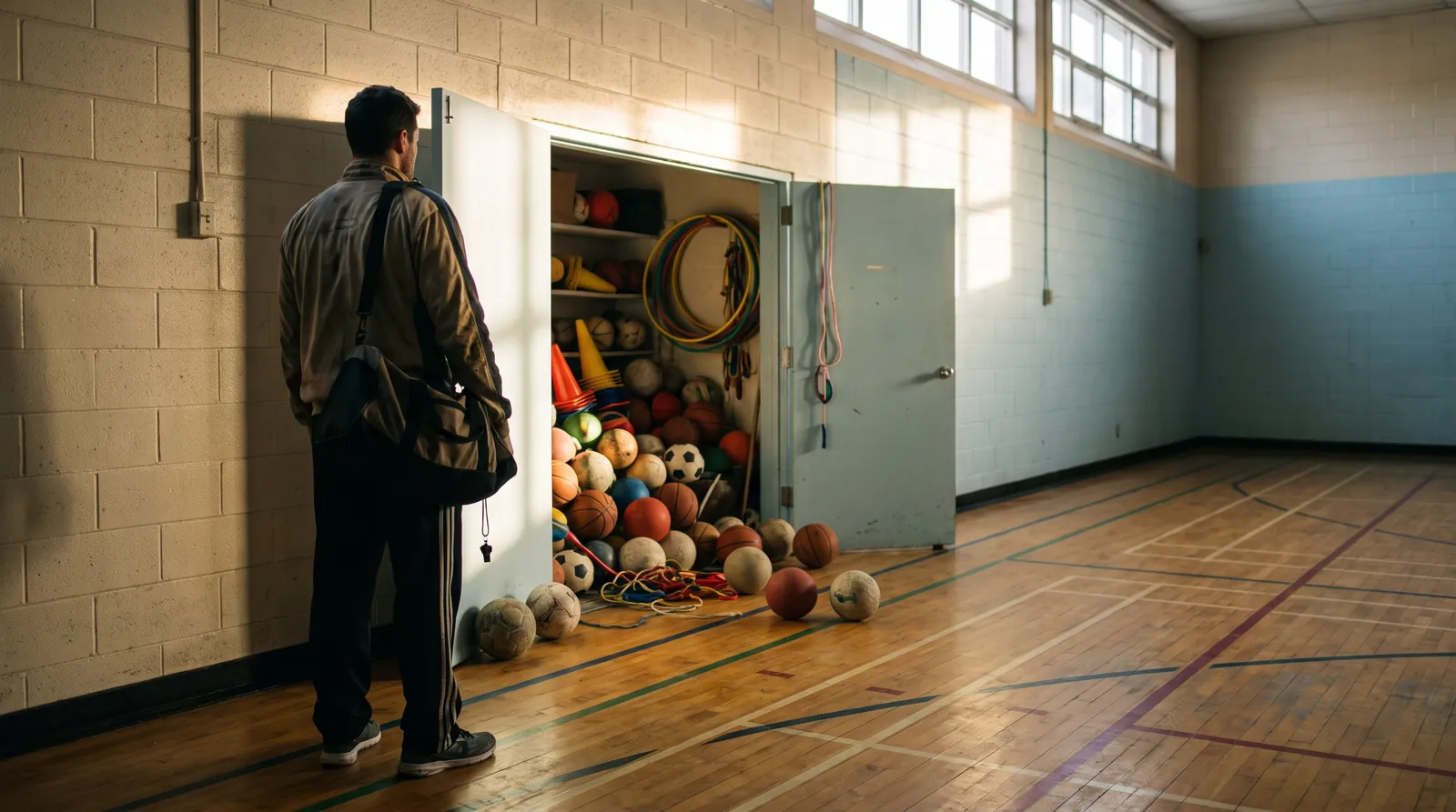 Un enseignant, sac de sport à l'épaule, ouvre la porte d'une armoire de rangement dans un gymnase ; des ballons et des cerceaux débordent des tablettes et roulent sur le plancher.