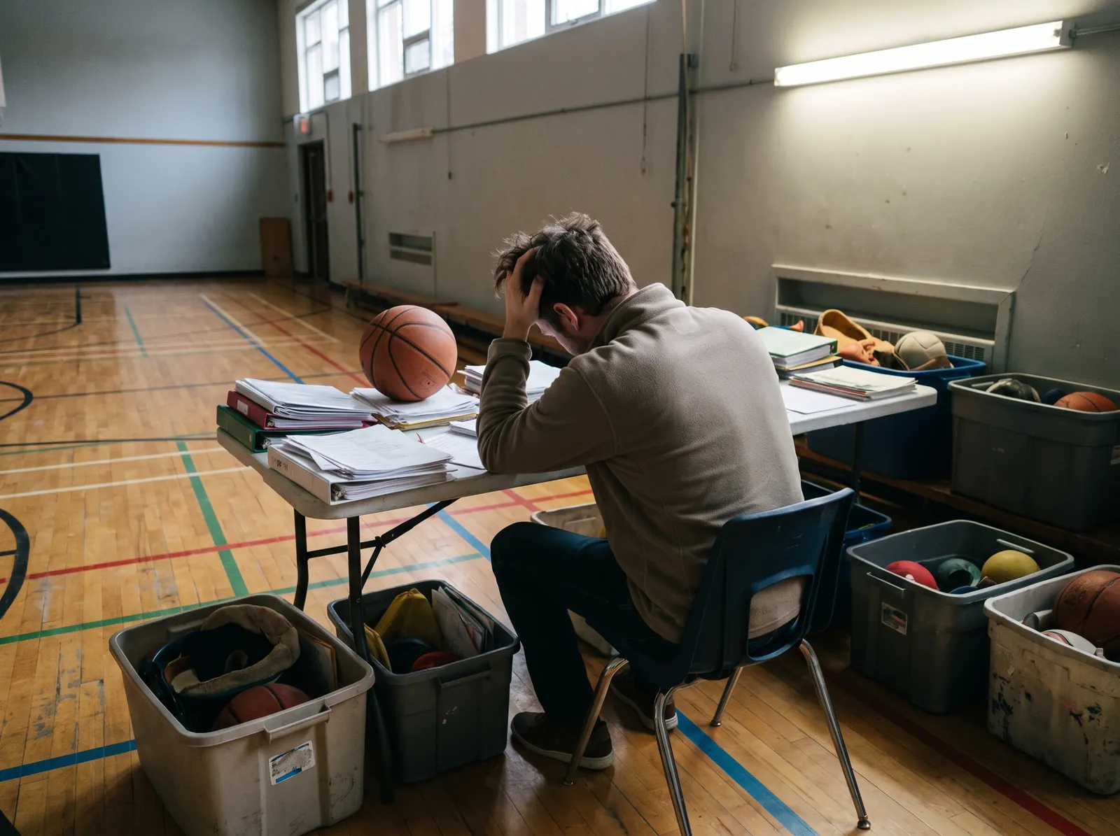 Un enseignant assis à une table de gymnase, la tête dans les mains, devant des piles de paperasse et des bacs de matériel posés au sol.
