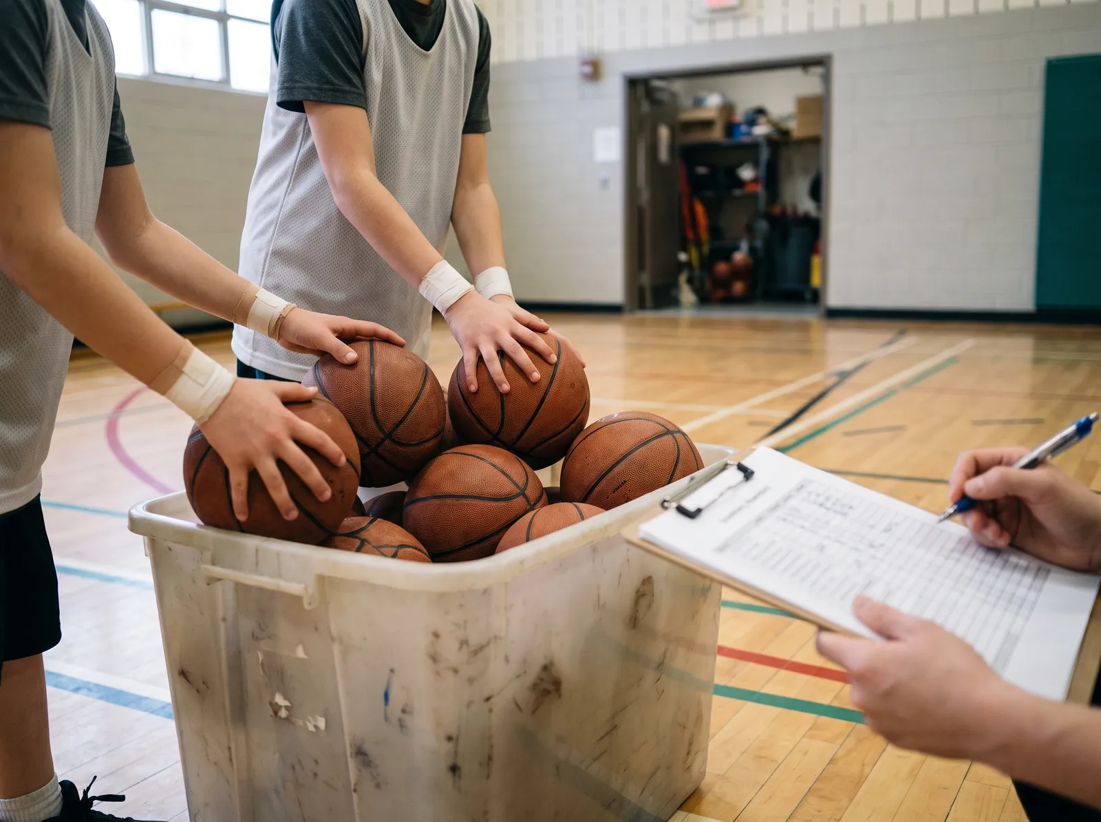 Deux élèves en dossard comptent des ballons de basketball dans un bac pendant qu'un adulte inscrit les quantités sur une feuille fixée à une planchette.