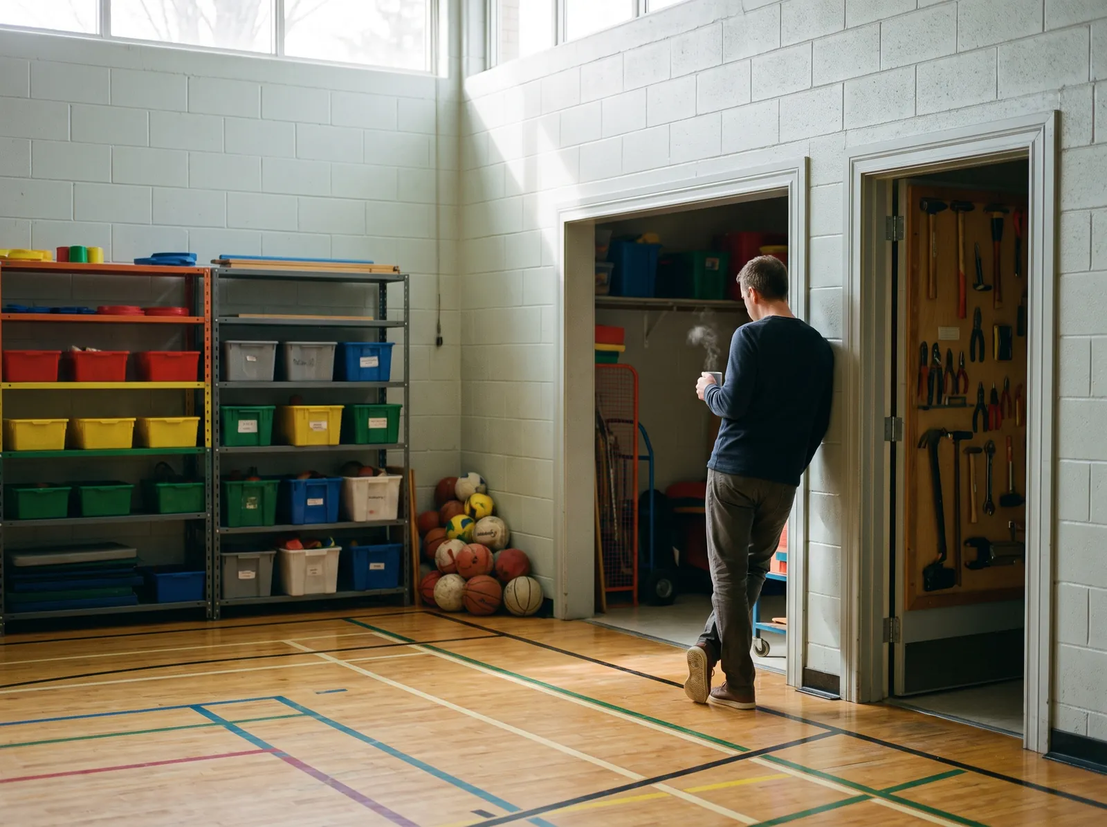 Un enseignant entre dans un local de rangement impeccable : étagères alignées, bacs de couleur identifiés, ballons rangés et plancher de gymnase dégagé.